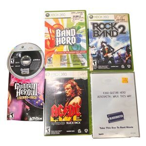 Lot of 5 XBOX 360 Guitar Hero III, Aerosmith, AC/DC, Rock Band 2, Band Hero